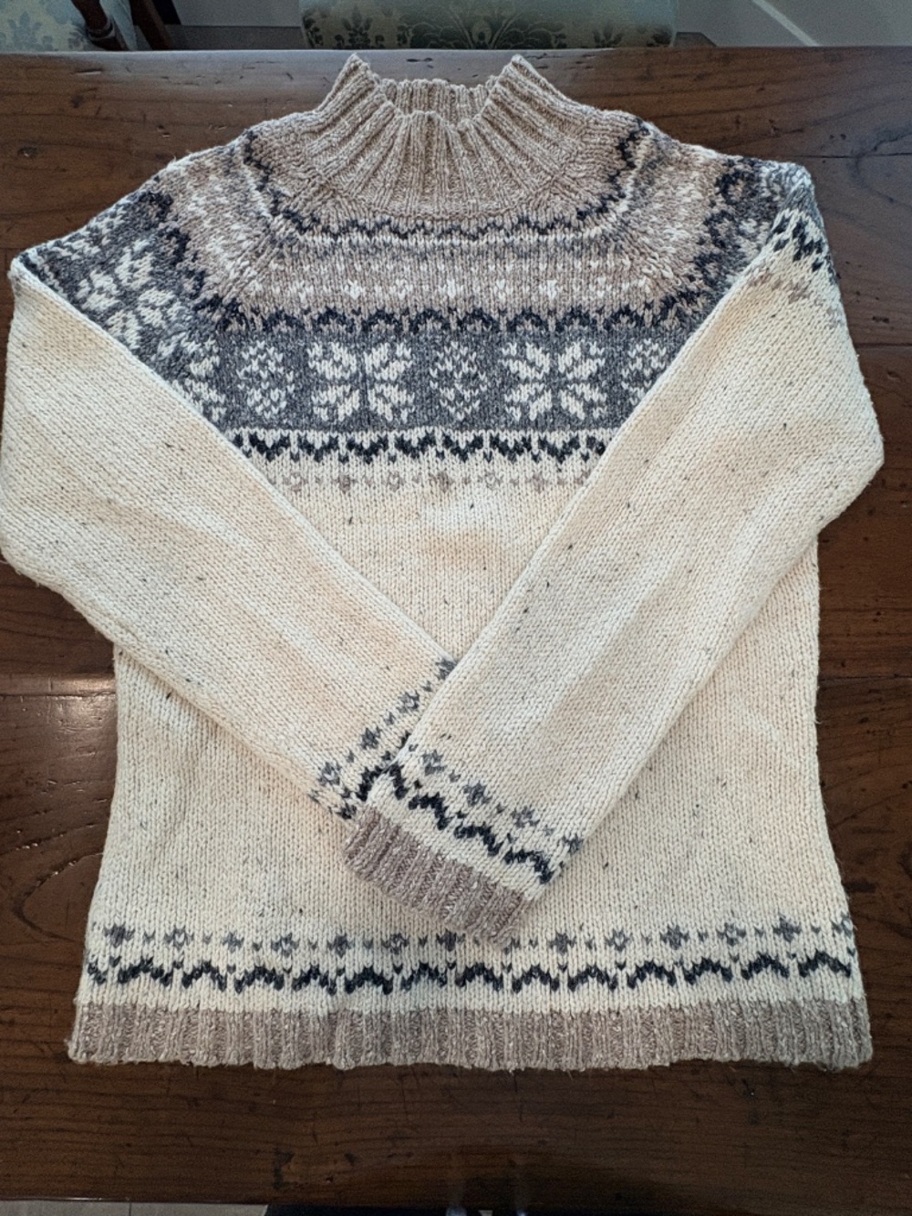 Denver Hayes Fair Isle Knit Mock Neck Sweater Cream Grey Beige Womens Size M